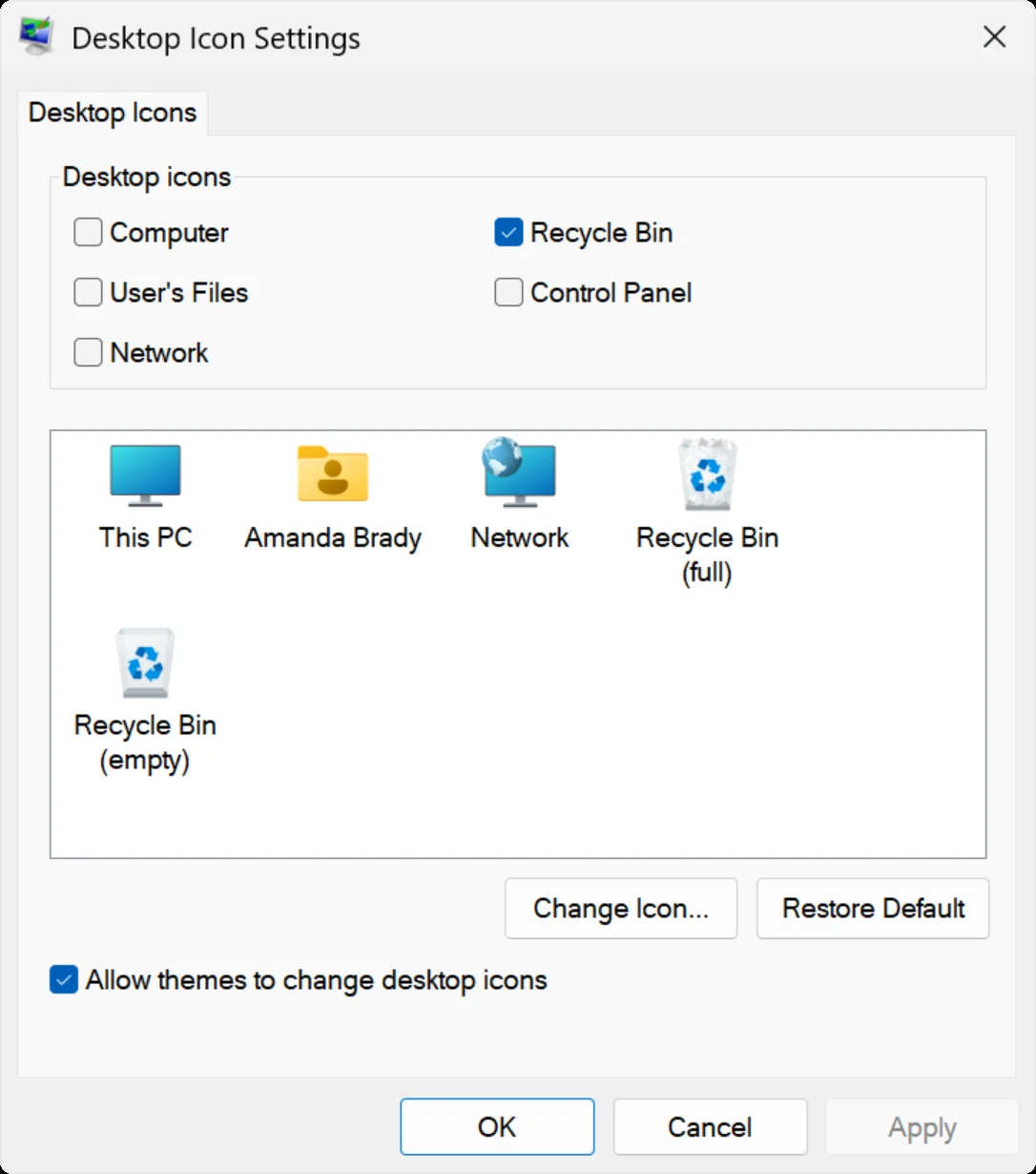 หน้าต่าง Desktop Icon Settings สำหรับเลือกแสดง Computer และไอคอนระบบบน Windows