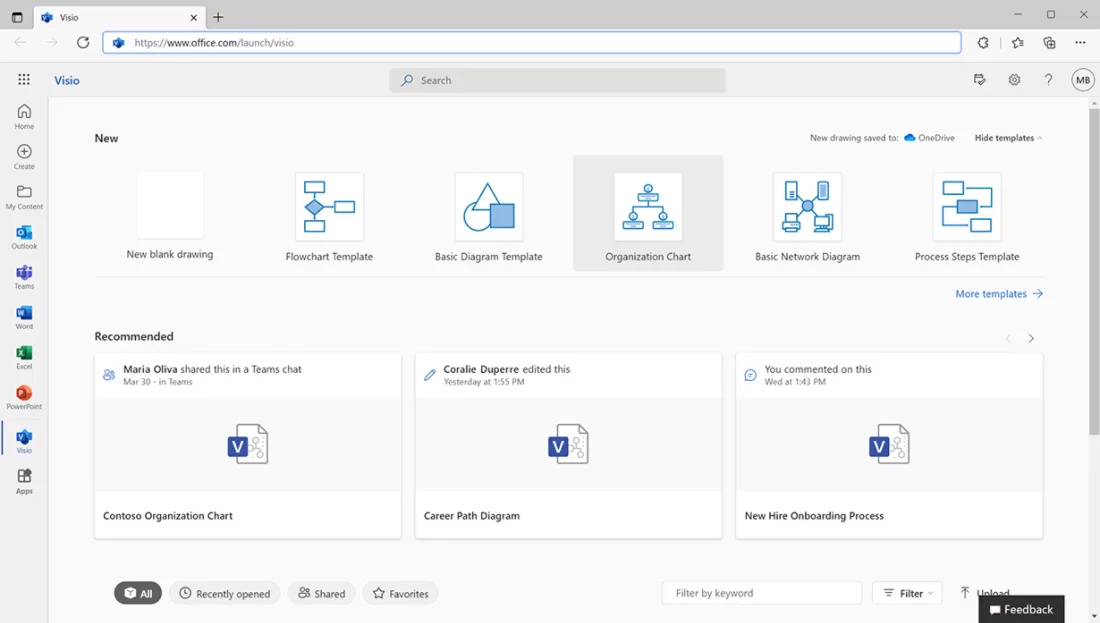 Visio Plan 1 ตัวอย่างหน้าเริ่มต้นและเทมเพลตบนเว็บจาก Microsoft