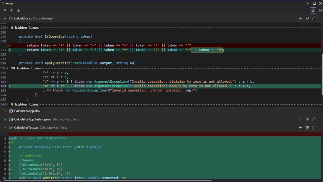 Visual Studio 2026 ตัวอย่างหน้าตรวจความเปลี่ยนแปลงของโค้ดหลายไฟล์