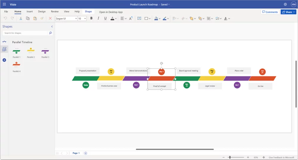 ตัวอย่าง Product Launch Roadmap ใน Visio for the web